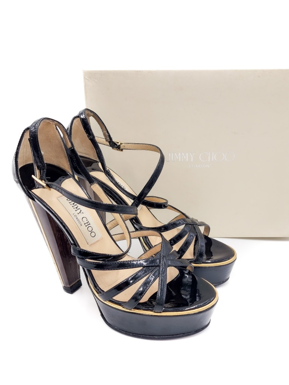 JIMMY CHOO Black Patent Leather Strap Lucite Platform Block Heel Sandals EU 37